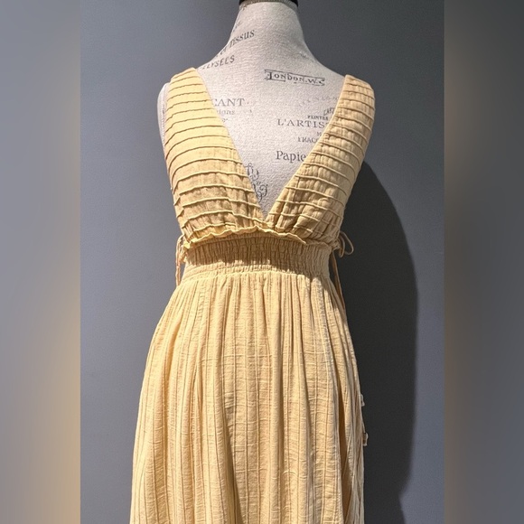 Vintage 90s Free People Yellow Ankle Thick Cotton Sun Dress With Lace Up Sides S - Picture 4 of 13